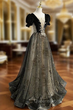 A line Velvet Tulle Lace Black Long Evening Prom Dress, Black Evening Graduation Dress
