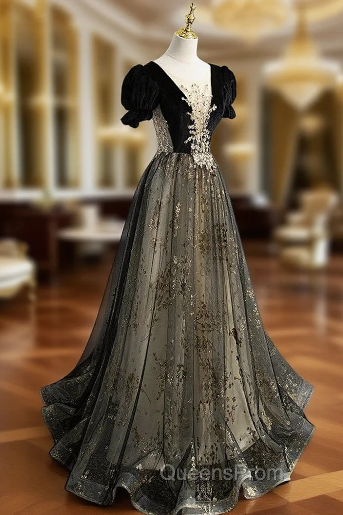 A line Velvet Tulle Lace Black Long Evening Prom Dress, Black Evening Graduation Dress
