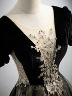 A line Velvet Tulle Lace Black Long Evening Prom Dress, Black Evening Graduation Dress