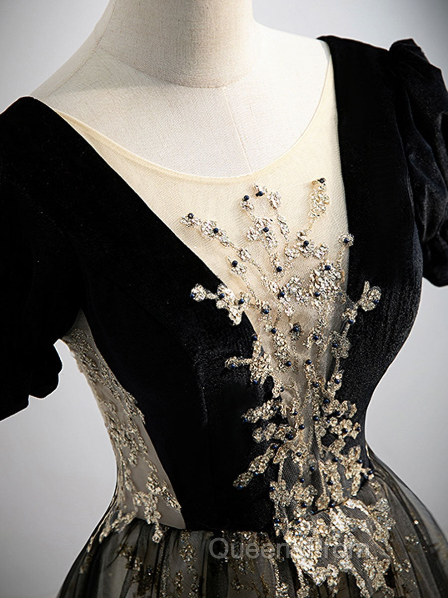 A line Velvet Tulle Lace Black Long Evening Prom Dress, Black Evening Graduation Dress
