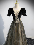 A line Velvet Tulle Lace Black Long Evening Prom Dress, Black Evening Graduation Dress