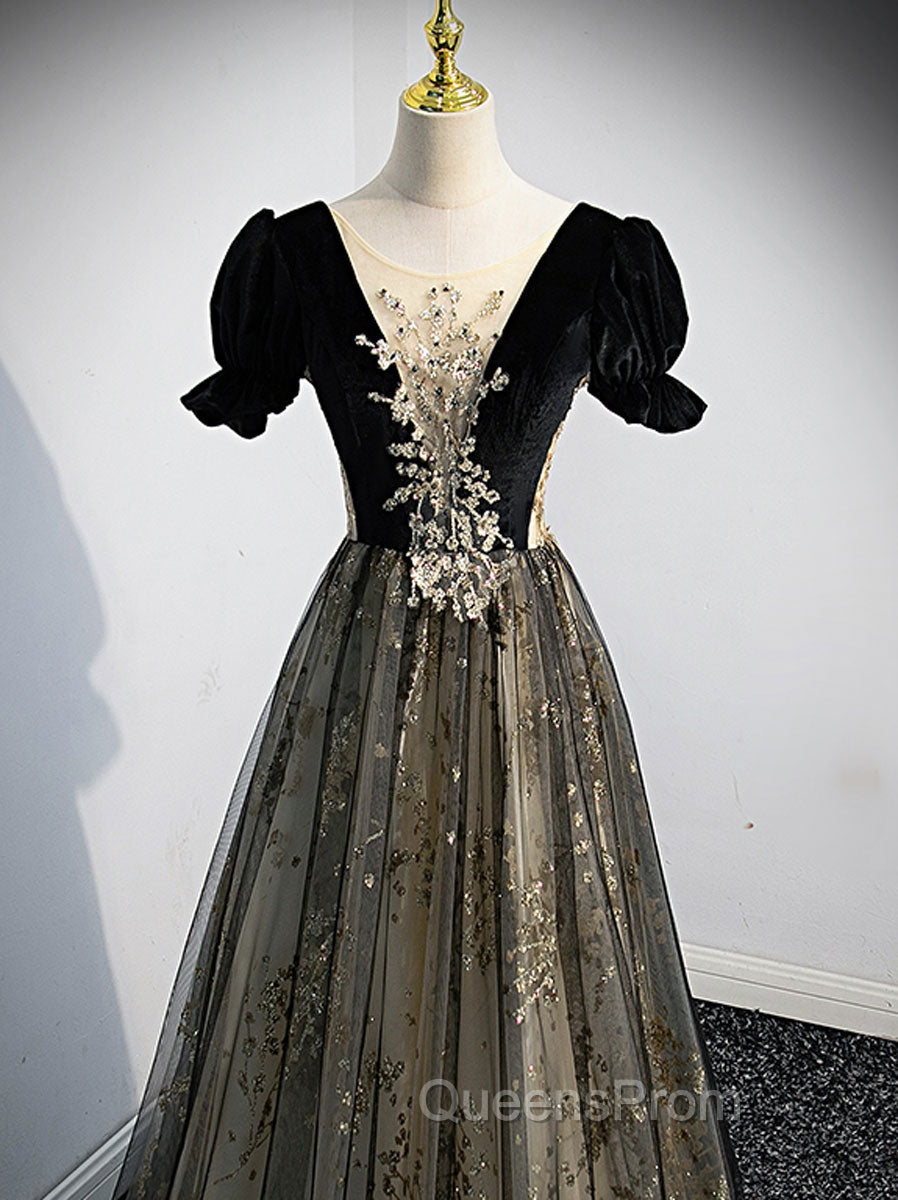 A line Velvet Tulle Lace Black Long Evening Prom Dress, Black Evening Graduation Dress