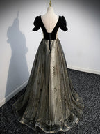 A line Velvet Tulle Lace Black Long Evening Prom Dress, Black Evening Graduation Dress