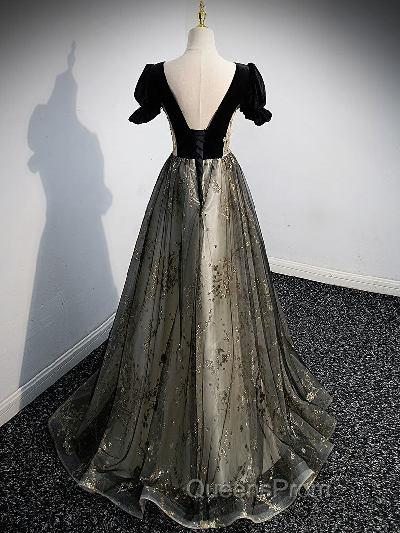 A line Velvet Tulle Lace Black Long Evening Prom Dress, Black Evening Graduation Dress