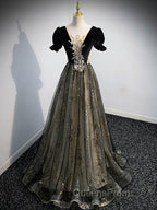 A line Velvet Tulle Lace Black Long Evening Prom Dress, Black Evening Graduation Dress