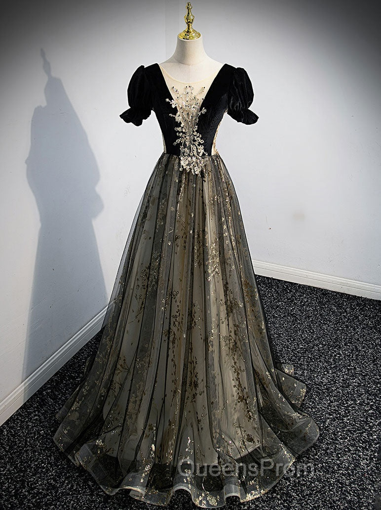 A line Velvet Tulle Lace Black Long Evening Prom Dress, Black Evening Graduation Dress