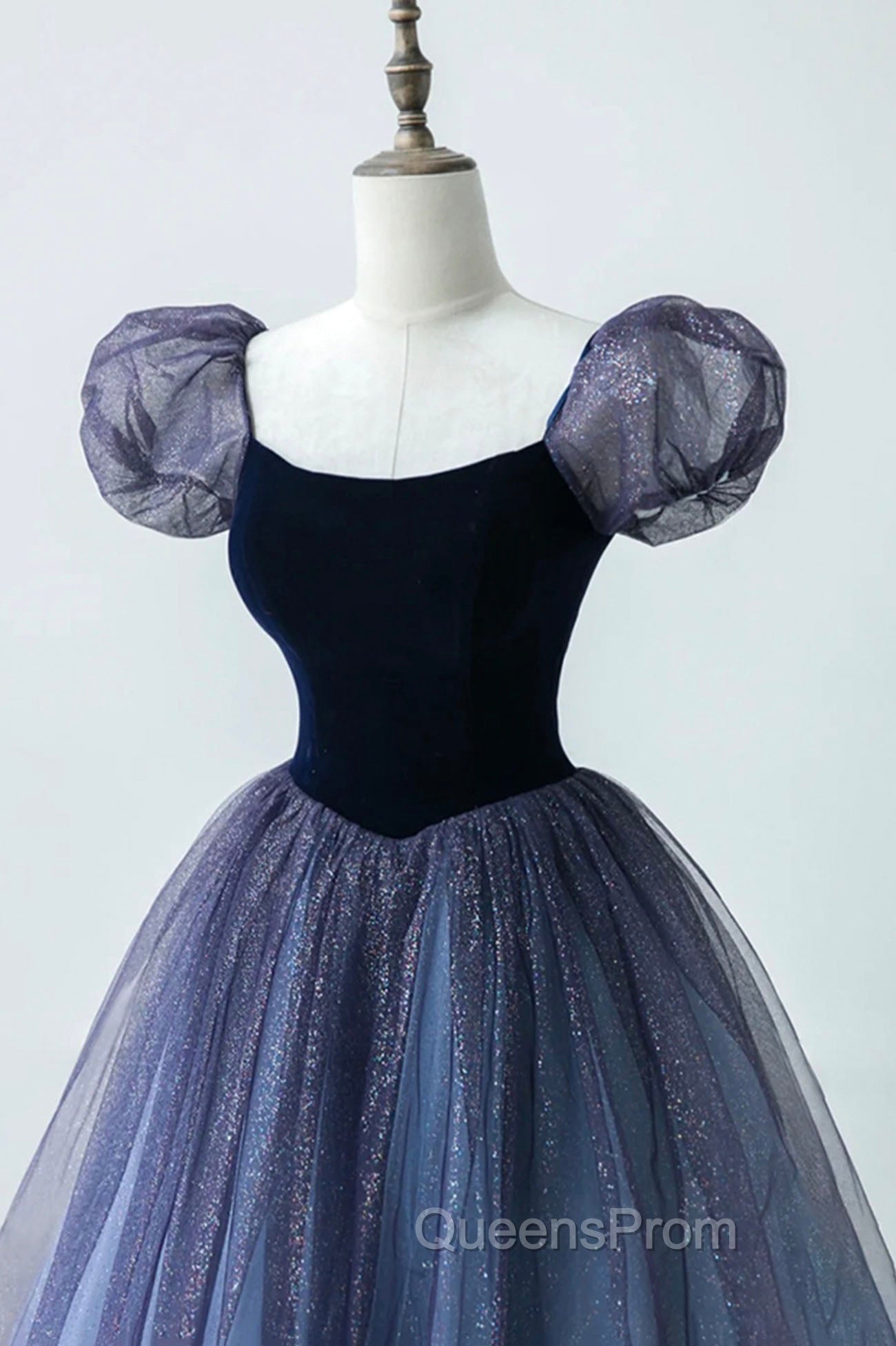 A-Line Velvet Tulle Long Evening Prom Dress, Cute Short Sleeve Evening Party Dress Secondary image