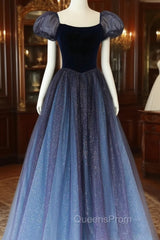 A-Line Velvet Tulle Long Evening Prom Dress, Cute Short Sleeve Evening Party Dress