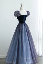 A-Line Velvet Tulle Long Evening Prom Dress, Cute Short Sleeve Evening Party Dress