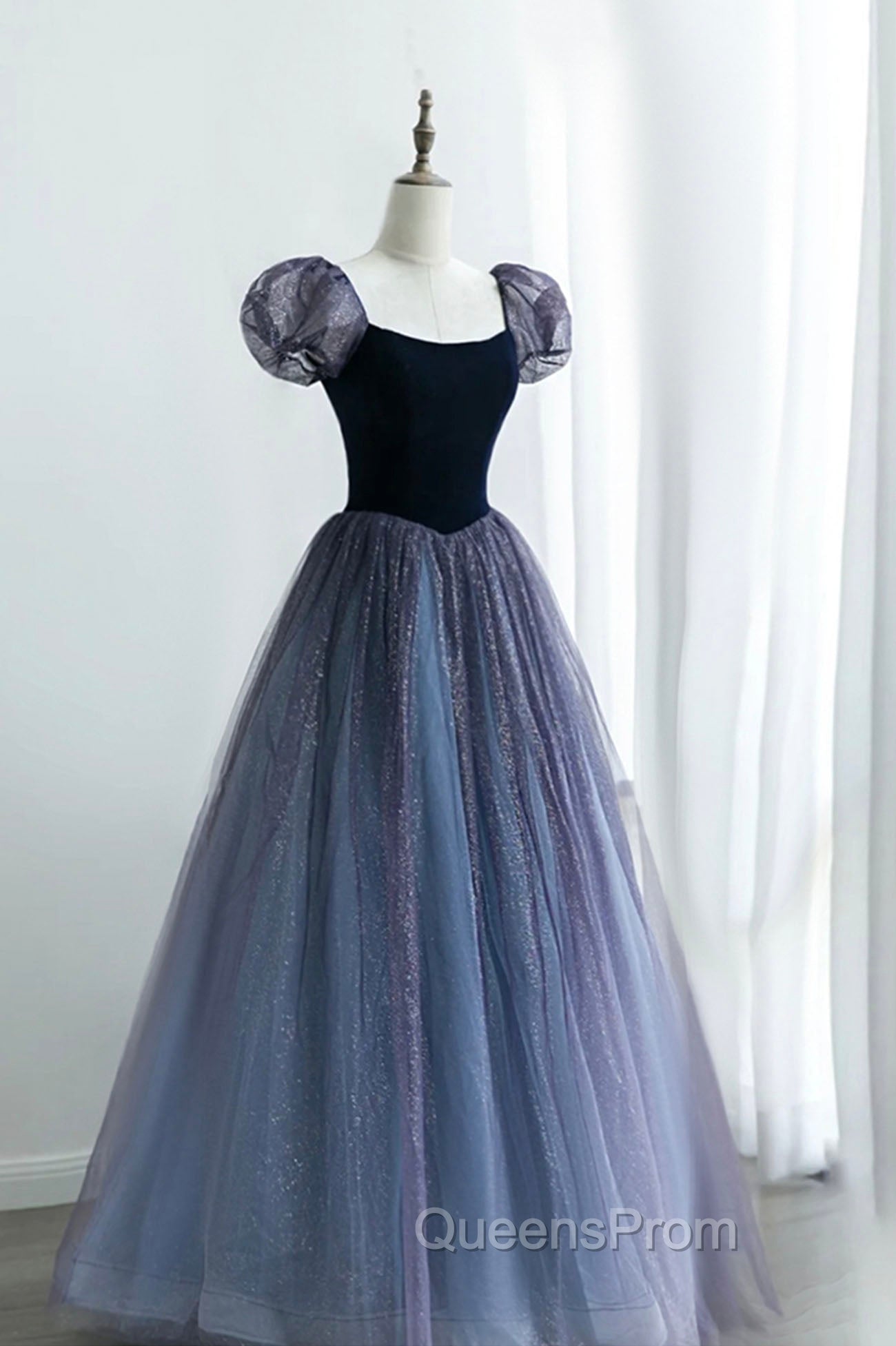 A-Line Velvet Tulle Long Evening Prom Dress, Cute Short Sleeve Evening Party Dress Main image