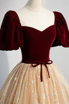 A-Line Velvet Tulle Long Evening Prom Dress, Lovely Short Sleeve Graduation Dress