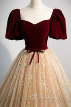A-Line Velvet Tulle Long Evening Prom Dress, Lovely Short Sleeve Graduation Dress