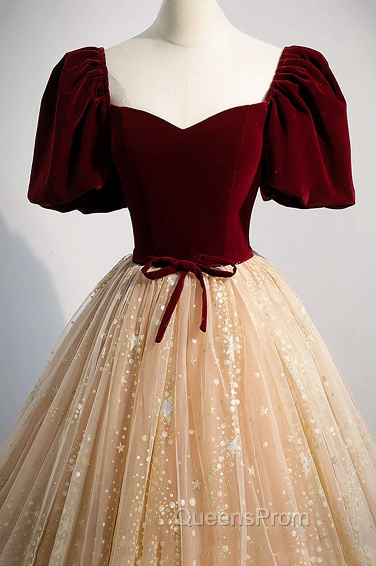 A-Line Velvet Tulle Long Evening Prom Dress, Lovely Short Sleeve Graduation Dress