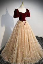 A-Line Velvet Tulle Long Evening Prom Dress, Lovely Short Sleeve Graduation Dress