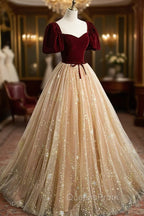 A-Line Velvet Tulle Long Evening Prom Dress, Lovely Short Sleeve Graduation Dress