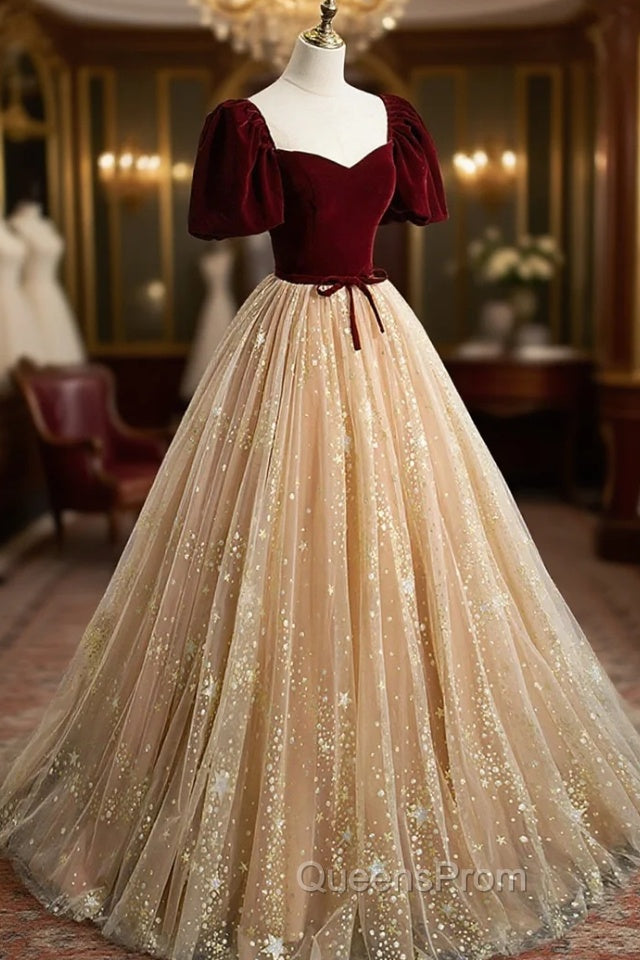 A-Line Velvet Tulle Long Evening Prom Dress, Lovely Short Sleeve Graduation Dress