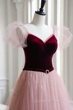 A-Line Velvet Tulle Long Evening Prom Dress, Pink Short Sleeve Evening Dress
