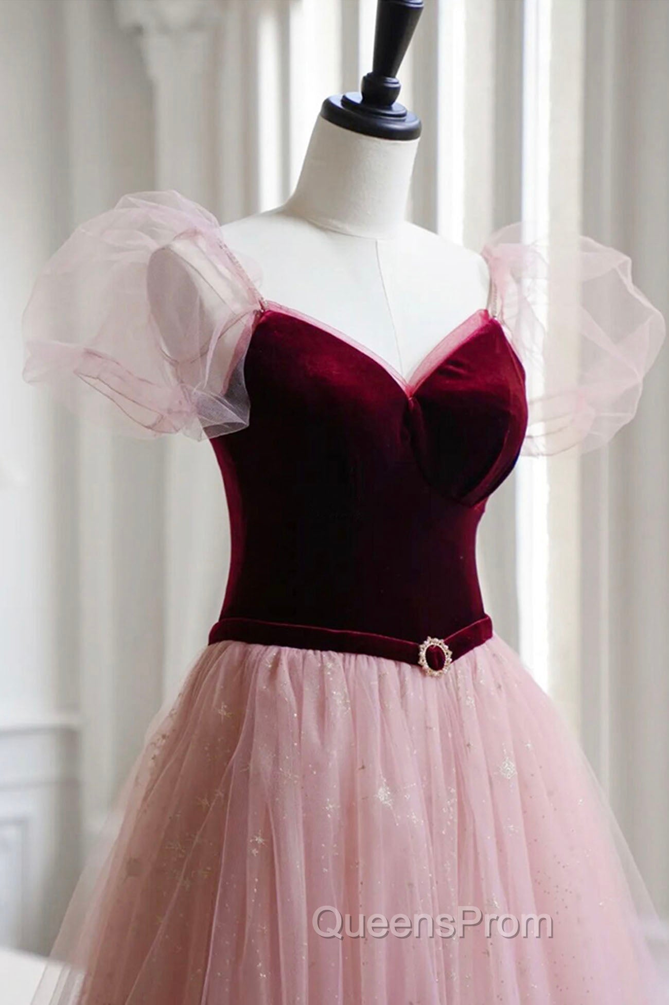 A-Line Velvet Tulle Long Evening Prom Dress, Pink Short Sleeve Evening Dress