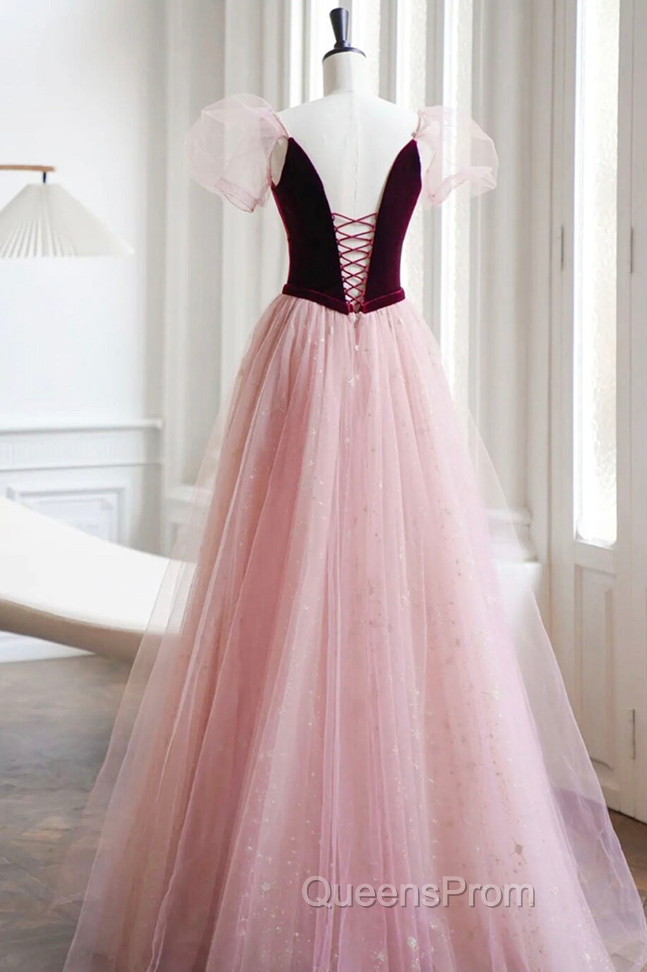 A-Line Velvet Tulle Long Evening Prom Dress, Pink Short Sleeve Evening Dress