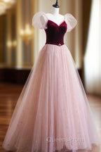 A-Line Velvet Tulle Long Evening Prom Dress, Pink Short Sleeve Evening Dress