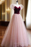A-Line Velvet Tulle Long Evening Prom Dress, Pink Short Sleeve Evening Dress