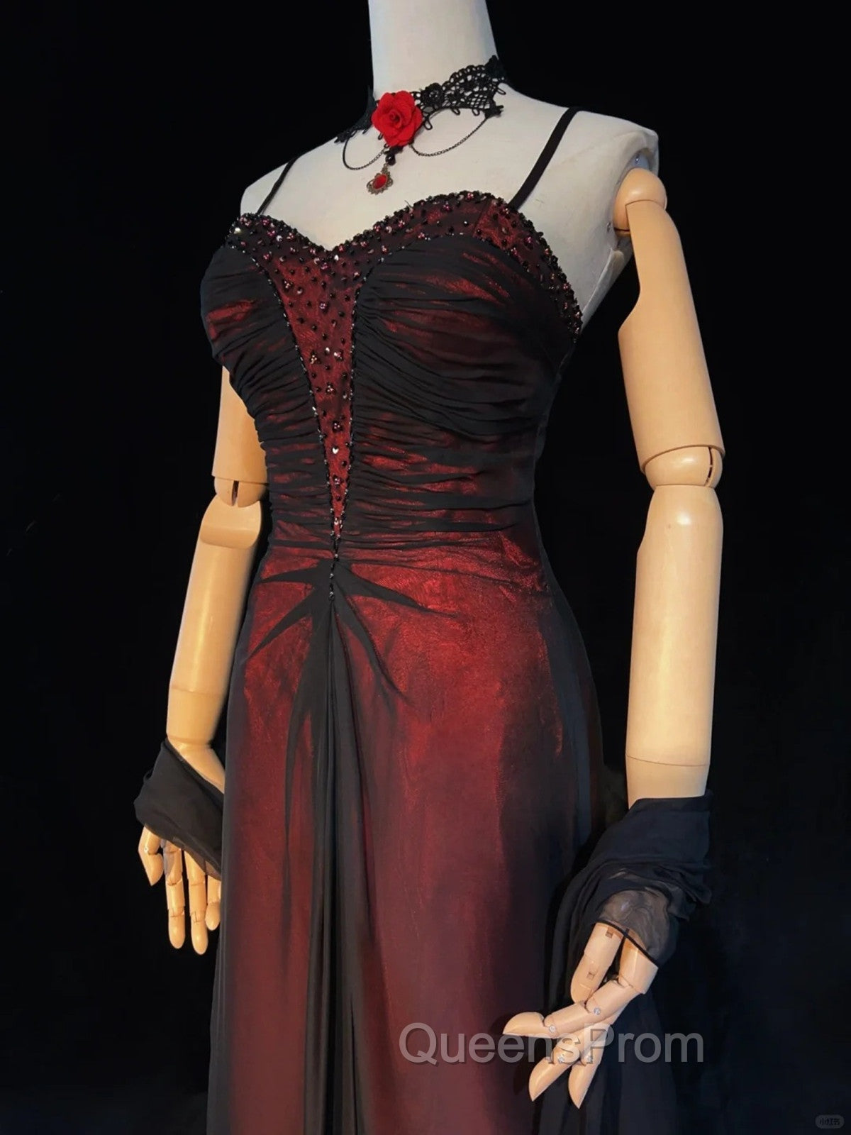 A-line Vintage Style Black and Red Beaded Evening Prom Dress, Black and Red Evening Dress Secondary image