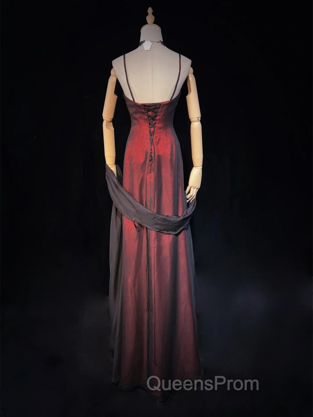 A-line Vintage Style Black and Red Beaded Evening Prom Dress, Black and Red Evening Dress