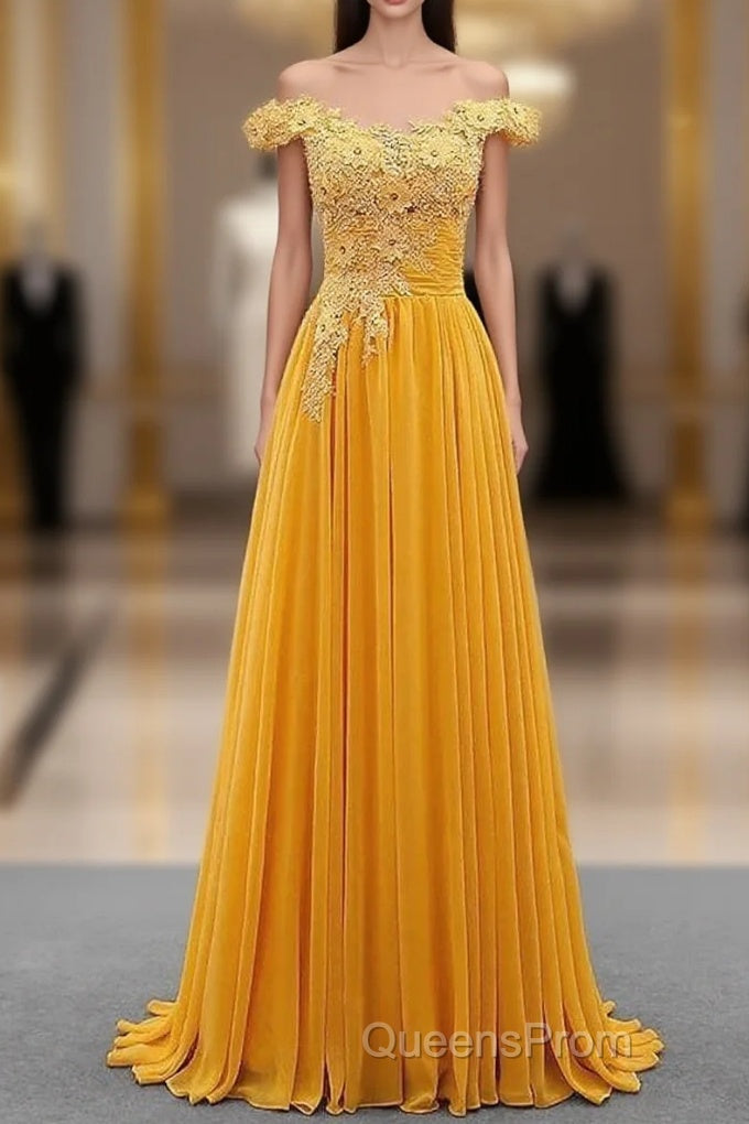 A-Line Wedding Guest Dress Floral Dress Evening Prom Sweep / Brush Train Sleeveless Off Shoulder Chiffon With Appliques Main image