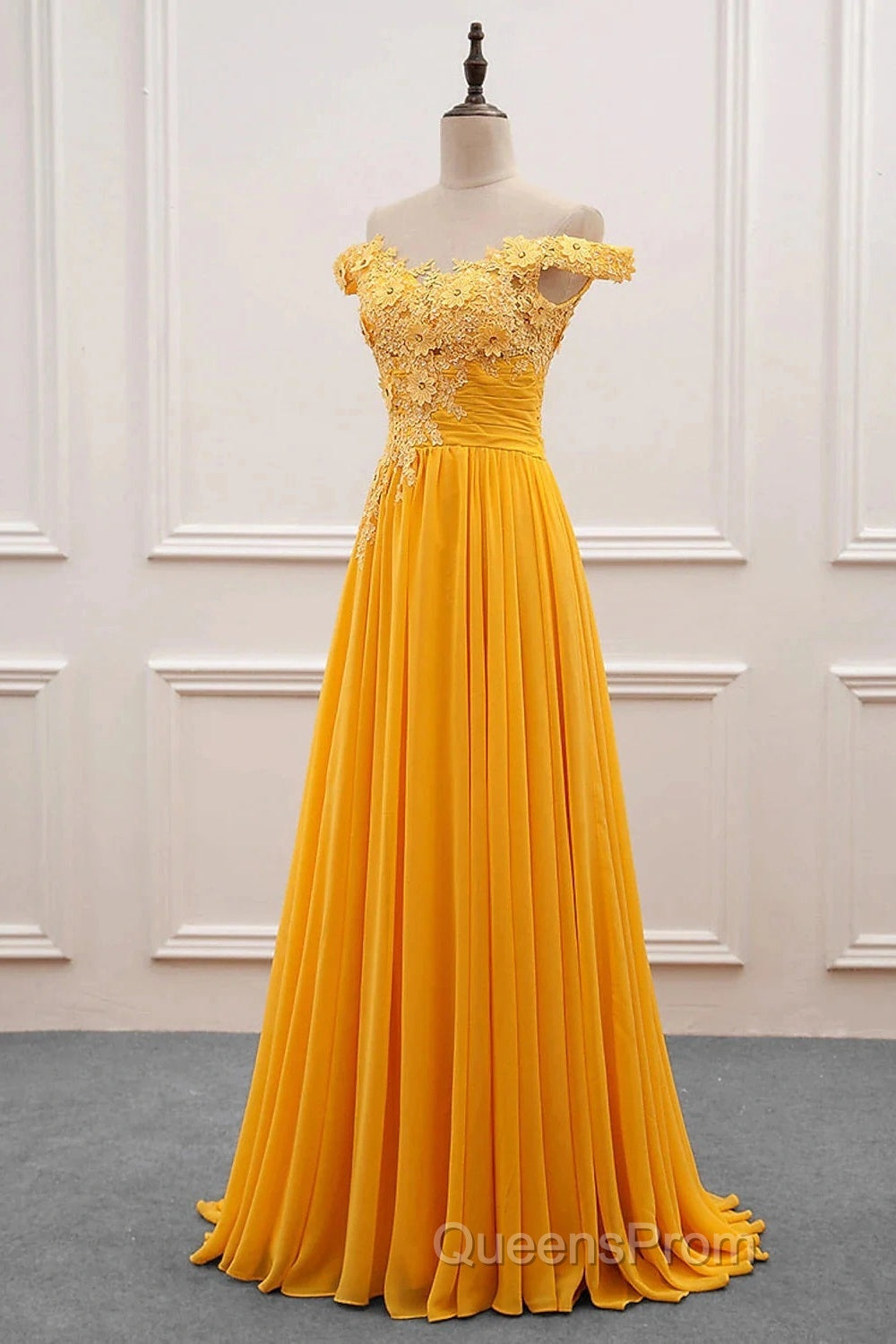 A-Line Wedding Guest Dress Floral Dress Evening Prom Wedding Party Sweep / Brush Train Sleeveless Off Shoulder Chiffon With Appliques