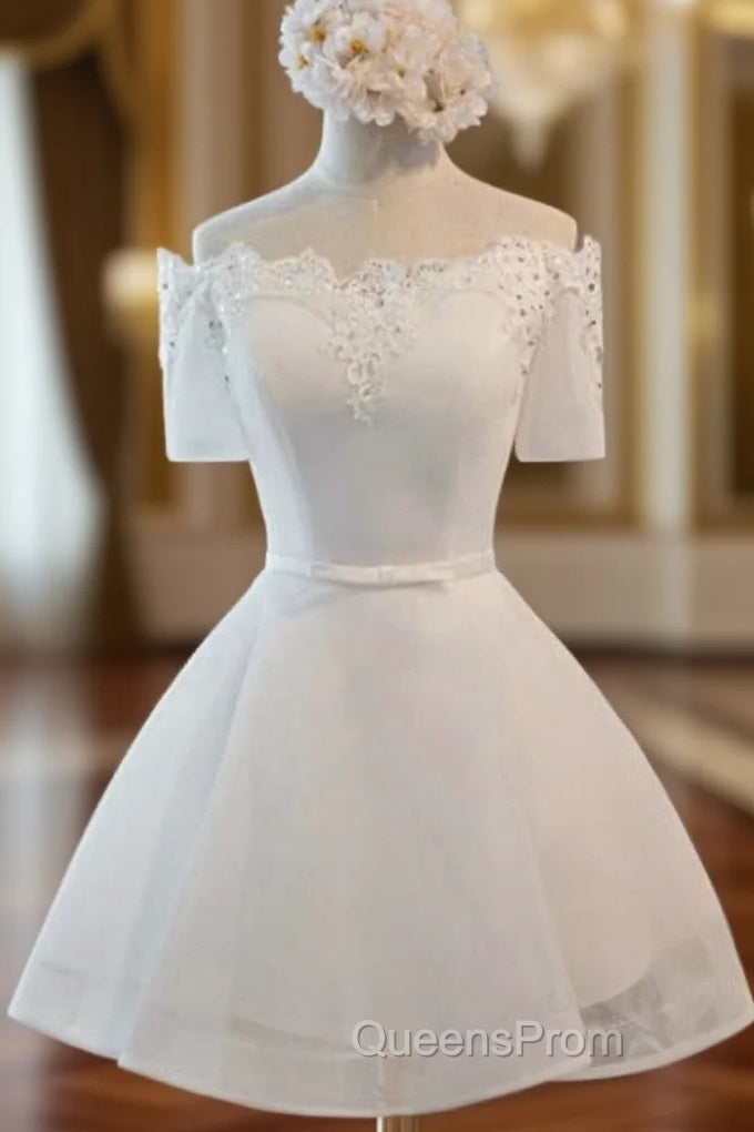 A-Line White Lace Short Sleeve Homecoming Dress Main image