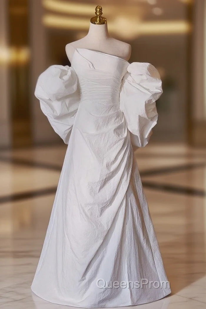 A-line White Pleats Long Wedding Dress Main image