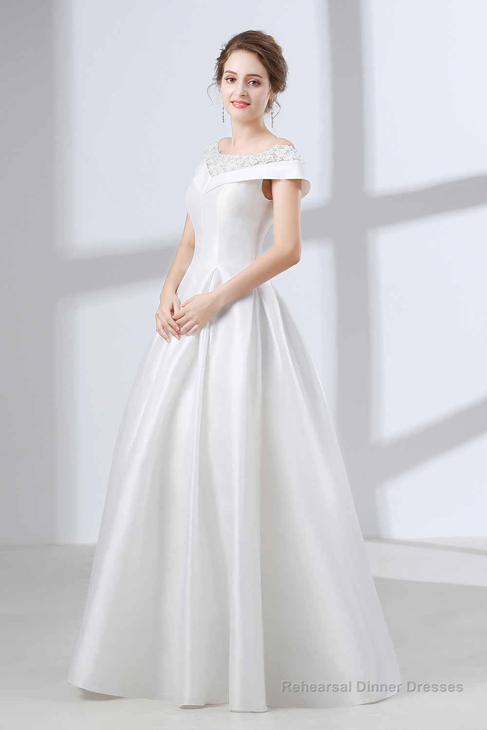 A-Line White Satin Lace Off The Shoulder Wedding Dresses Secondary image