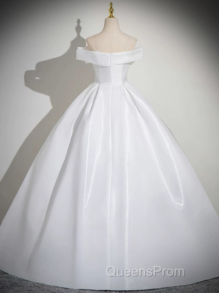A-Line White Satin Long Evening Prom Dress, White Long Formal Dress