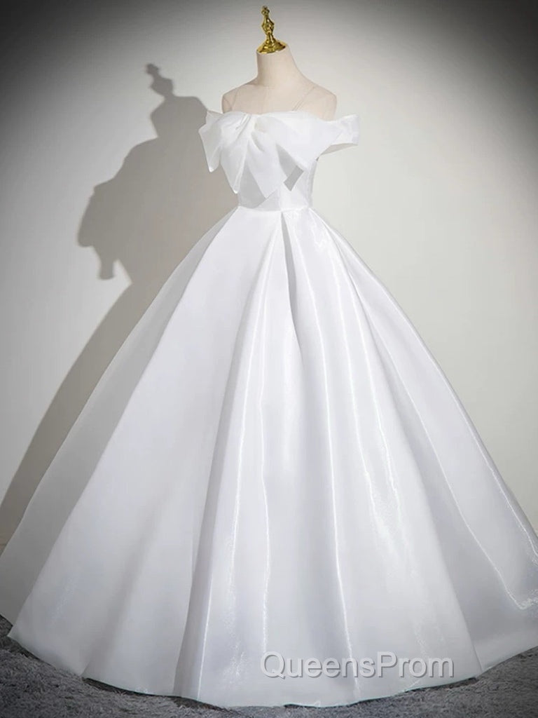 A-Line White Satin Long Evening Prom Dress, White Long Formal Dress