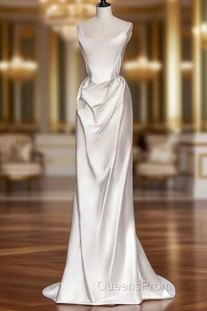 A-line White Satin Straps Wedding Dress