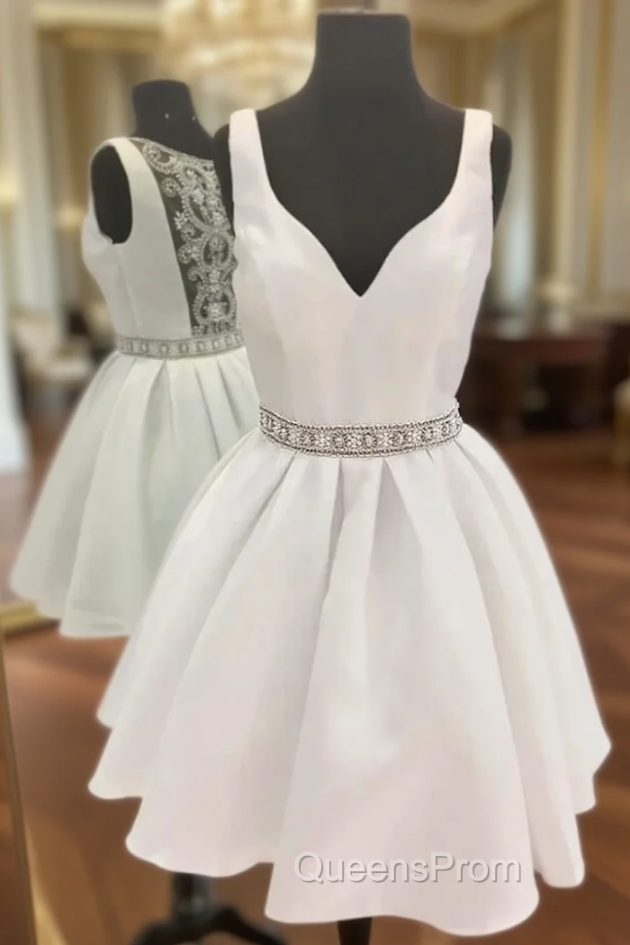 A-Line White Satin V-neck Beading Homecoming Dress Main image