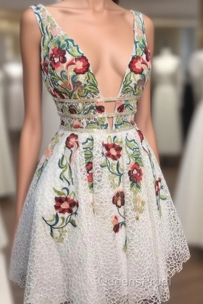 A-Line White Short Homecoming Dress With Floral Main image