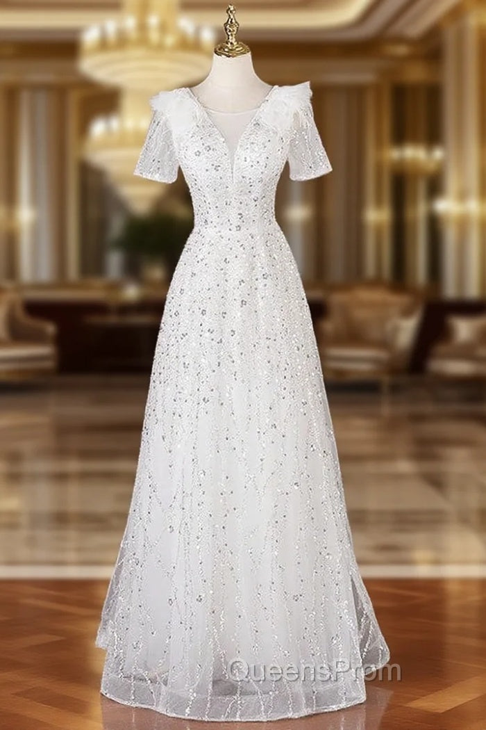 A-Line White Tulle Sequins Short Sleeve Evening Prom Dress Main image