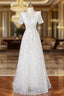 A-Line White Tulle Sequins Short Sleeve Evening Prom Dress