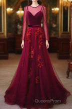 A-Line Wine Red Velvet And Tulle Long Party Dress, Wine Red Evening Dress Evening Prom Dress