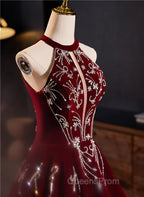 A-Line Wine Red Velvet Beaded Party Dress, Wine Red Long Evening Prom Dress