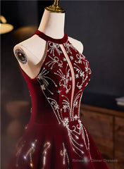 A-Line Wine Red Velvet Beaded Party Dress, Wine Red Long Prom Dress