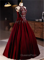 A-Line Wine Red Velvet Beaded Party Dress, Wine Red Long Evening Prom Dress