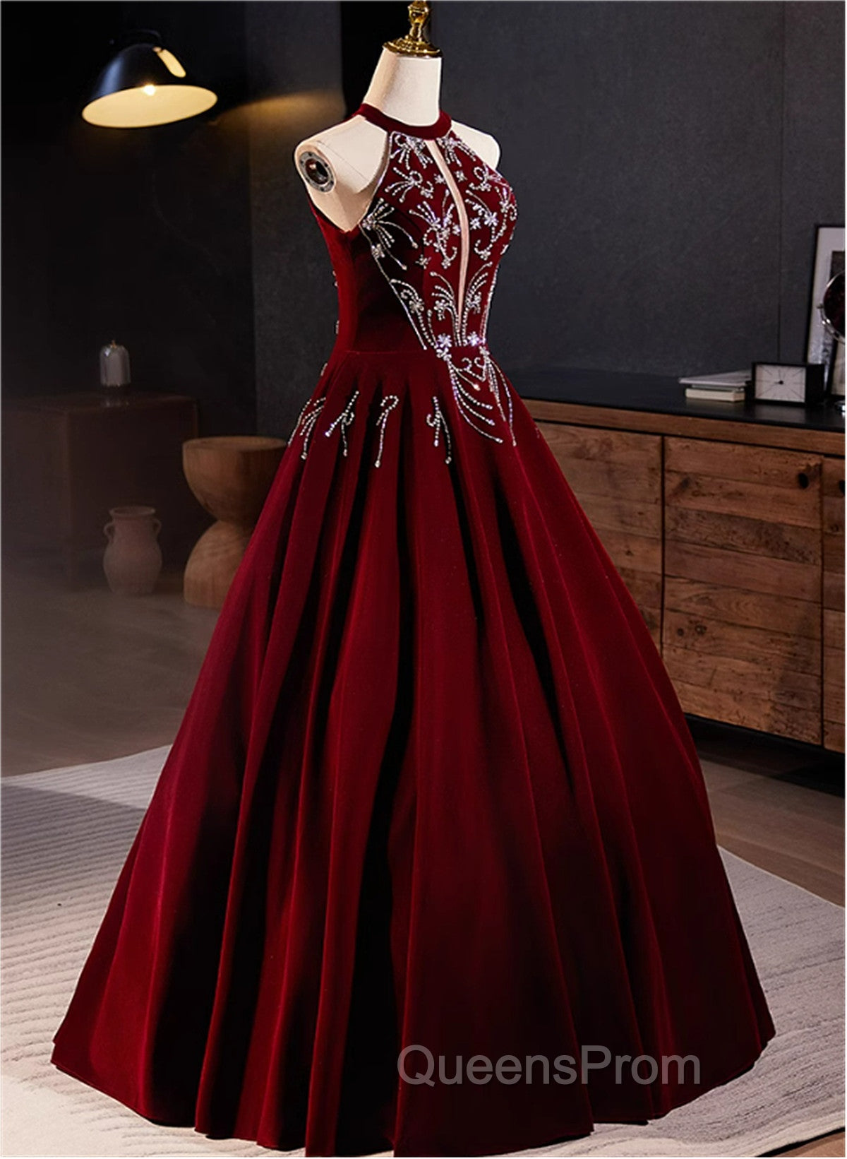 A-Line Wine Red Velvet Beaded Party Dress, Wine Red Long Evening Prom Dress