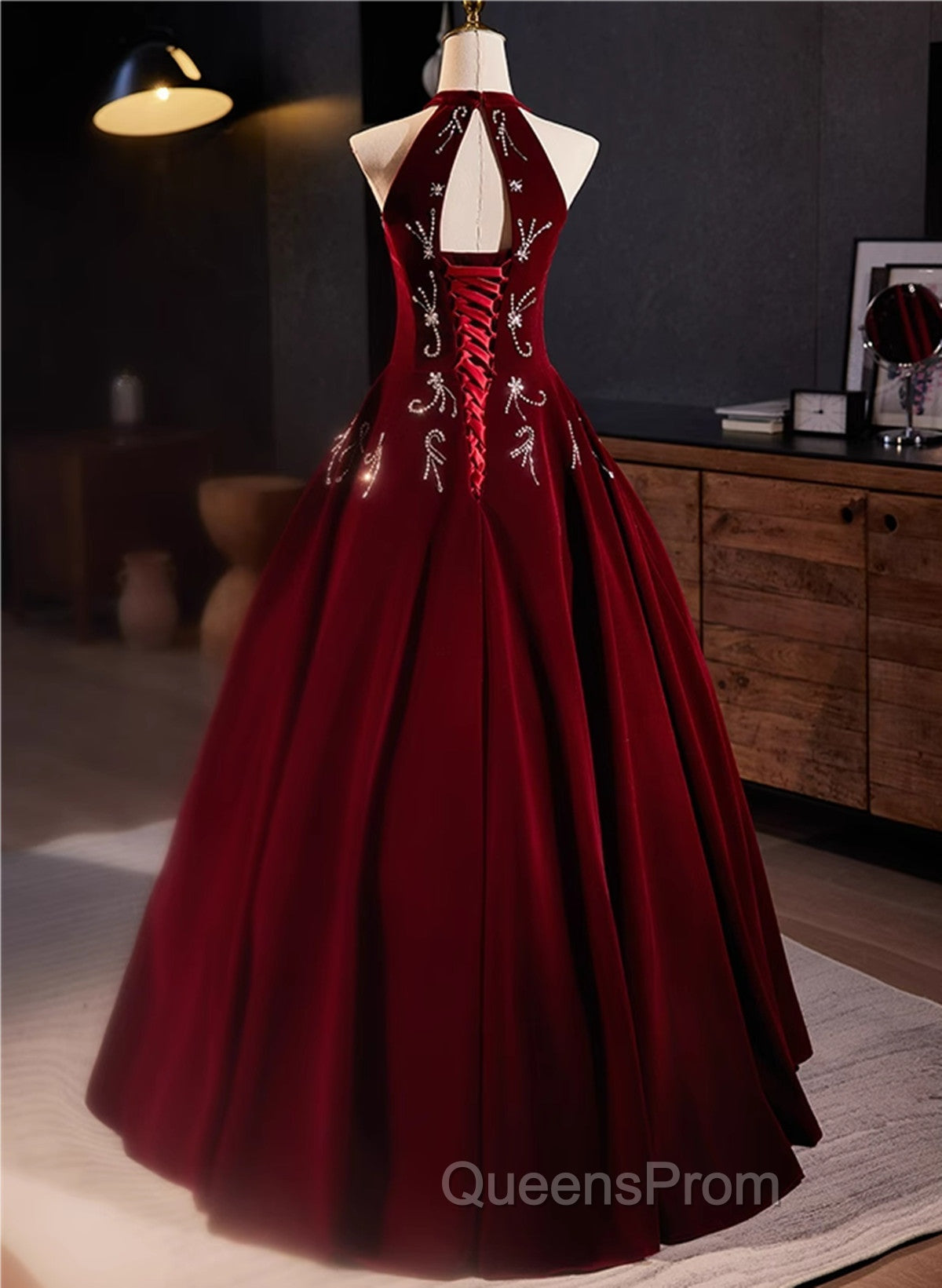 A-Line Wine Red Velvet Beaded Party Dress, Wine Red Long Evening Prom Dress
