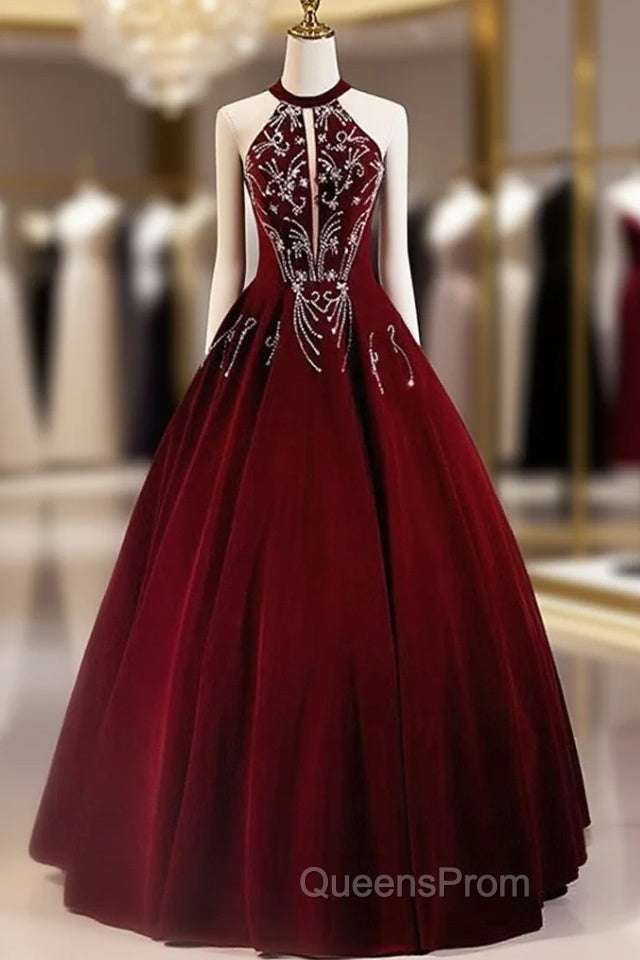 A-Line Wine Red Velvet Beaded Party Dress, Wine Red Long Evening Prom Dress Main image