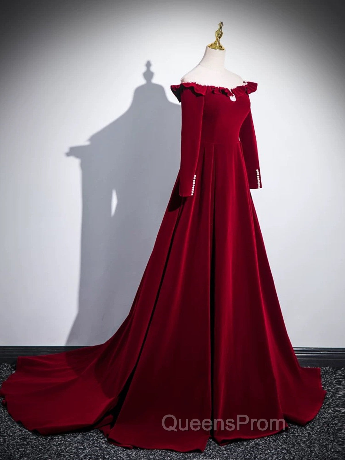 A-line Wine Red Velvet Long Sleeves Low Back Evening Prom Dress, Wine Red Party Dress Secondary image