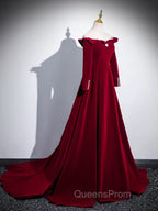 A-line Wine Red Velvet Long Sleeves Low Back Evening Prom Dress, Wine Red Party Dress