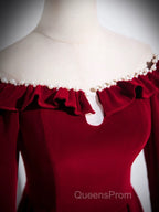 A-line Wine Red Velvet Long Sleeves Low Back Evening Prom Dress, Wine Red Party Dress