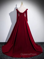 A-line Wine Red Velvet Long Sleeves Low Back Evening Prom Dress, Wine Red Party Dress